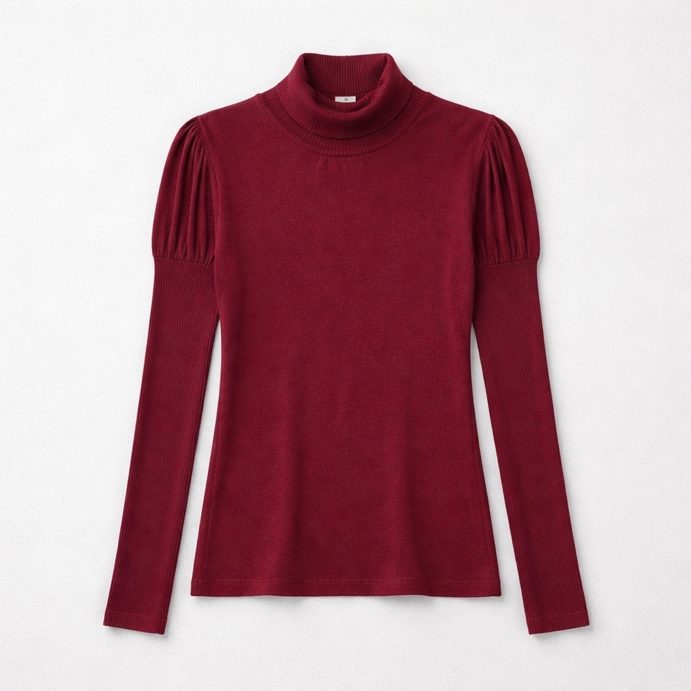 POINT M MEDIUM Elegant Burgundy Long Sleeve Turtleneck Top